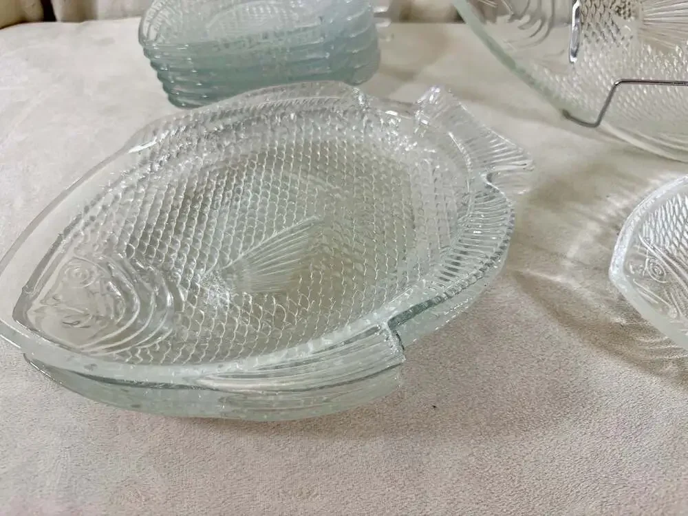 Vintage Anchor Hocking Clear Glass Fish Shaped Serving Platter and Plate Set